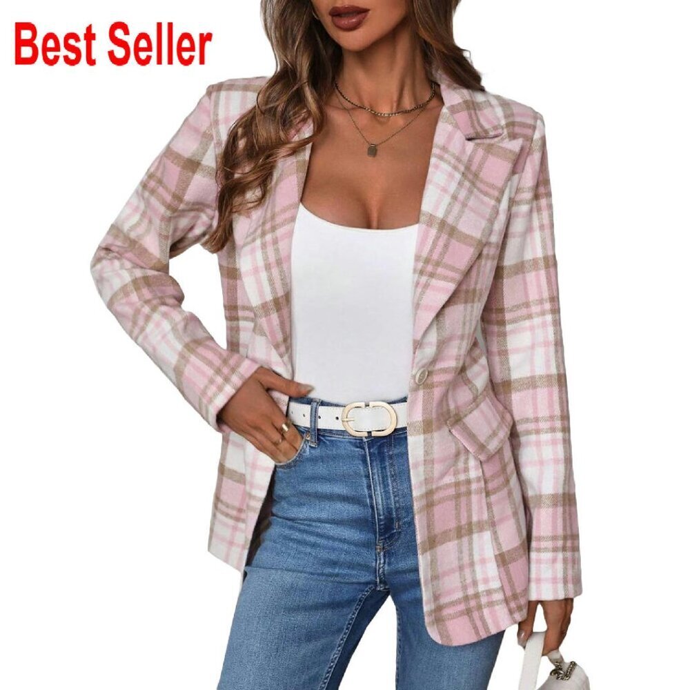 Flannel Plaid Blazer Slim Fit Lightweight Soft Lined Work Casual Chic